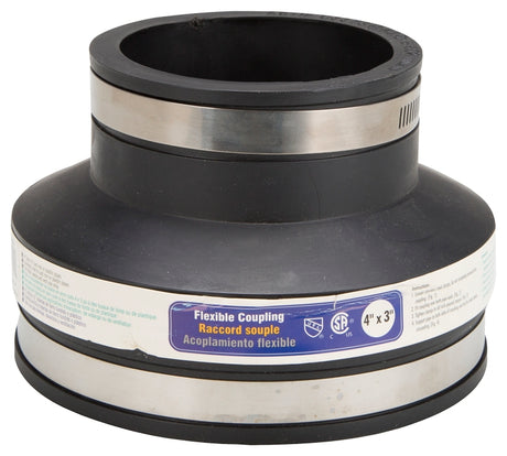 ProSource KJ-008 Coupling, 4 x 3 in, Clay to cast iron or plastic pipes, PVC, Black