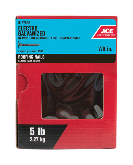 Ace 7/8 in. Roofing Electro-Galvanized Steel Nail Large Head 5 lb