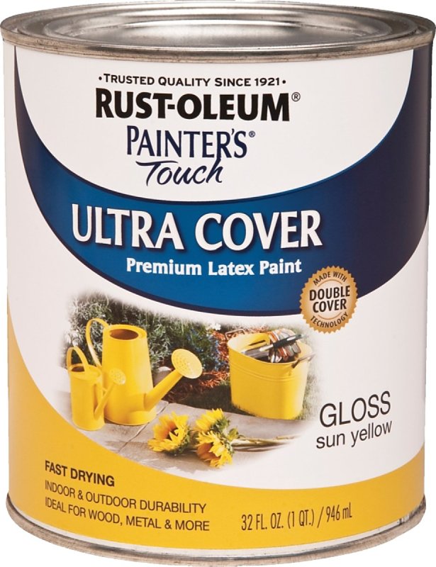 Rust-Oleum 1945502 Enamel Paint, Water Base, Gloss Sheen, Sun Yellow, 1 qt, Can, 120 sq-ft Coverage Area