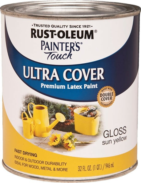 Rust-Oleum 1945502 Enamel Paint, Water Base, Gloss Sheen, Sun Yellow, 1 qt, Can, 120 sq-ft Coverage Area