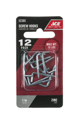 Ace Small Zinc-Plated Silver Steel 1 in. L Square Bend Screw Hook 10 lb 12 pk, Pack of 5