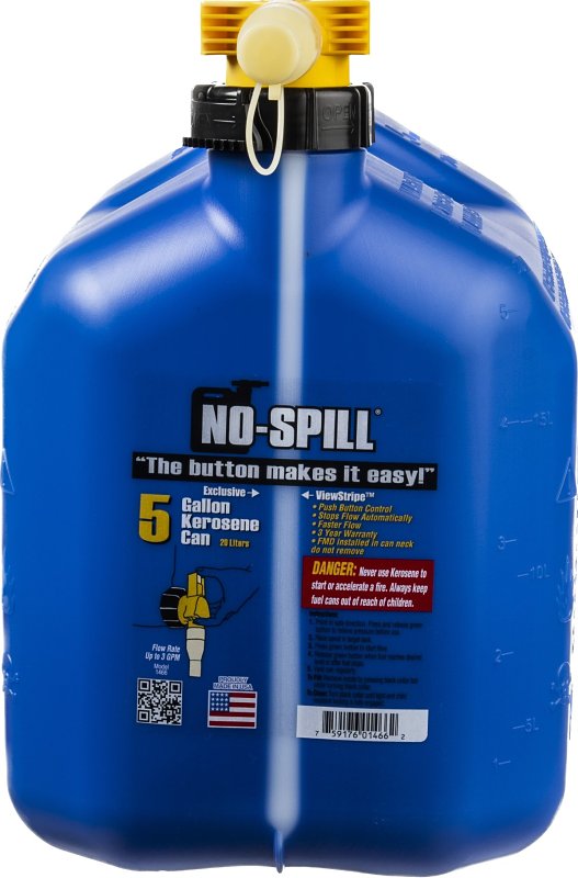 No-Spill 1456 Fuel Can, 5 gal, Plastic, Blue