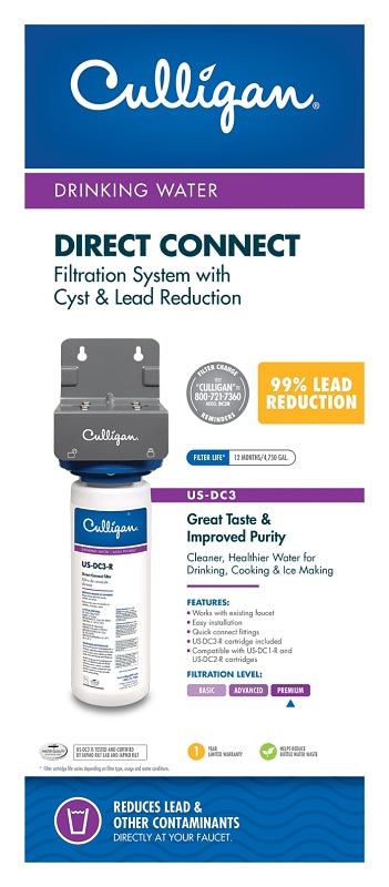 Culligan US-DC3 Direct Connect Filter, 4750 gal Capacity, 1.5 gpm, Advanced Filtration, White
