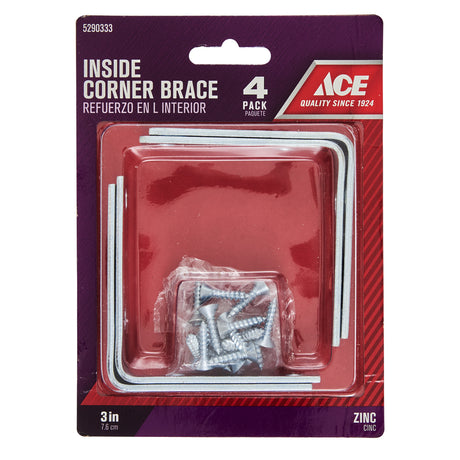 Ace 3 in. H X 4..75 in. W X 3 in. D Zinc Inside L Corner Brace, Pack of 5