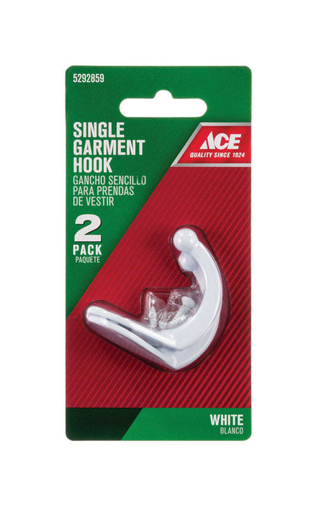 Ace 1-3/4 in. L White Metal Medium Single Garment Hook 2 pk, Pack of 5