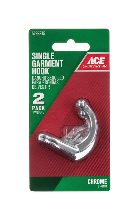 Ace 1-3/4 in. L Chrome Silver Metal Single Garment Hook 2 pk, Pack of 5