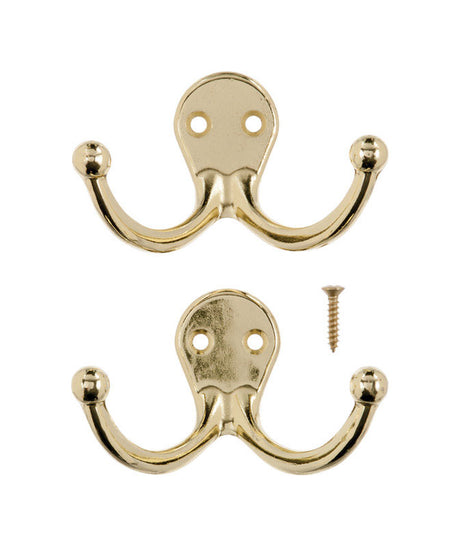 Ace 1-3/4 in. L Bright Brass Yellow Brass Small Double Garment Hook 2 pk, Pack of 5