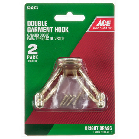Ace 1-3/4 in. L Bright Brass Yellow Brass Small Double Garment Hook 2 pk, Pack of 5