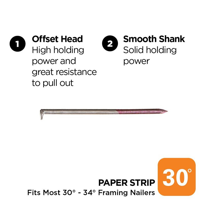 ProFIT 0600271 Collated Nail, 3 in x 0.12 in, 30-Degree, Bright Finish, Smooth Shank, Paper Tape Framing Nails, 2500/Box