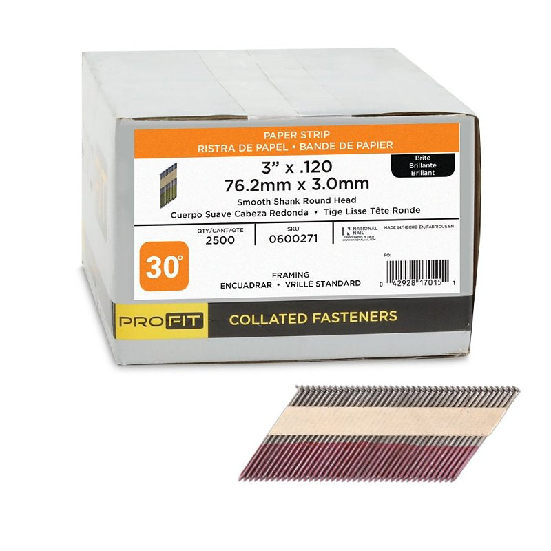 ProFIT 0600271 Collated Nail, 3 in x 0.12 in, 30-Degree, Bright Finish, Smooth Shank, Paper Tape Framing Nails, 2500/Box