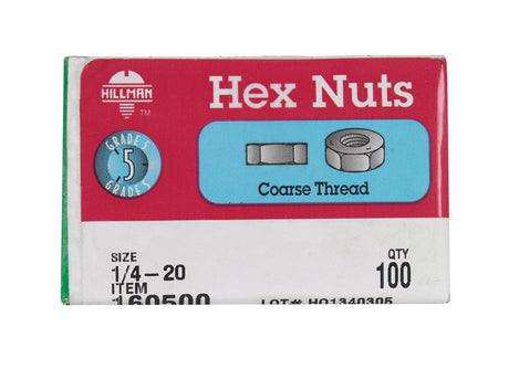 Hillman 1/4 in. Zinc-Plated Steel USS Hex Nut 100 pk