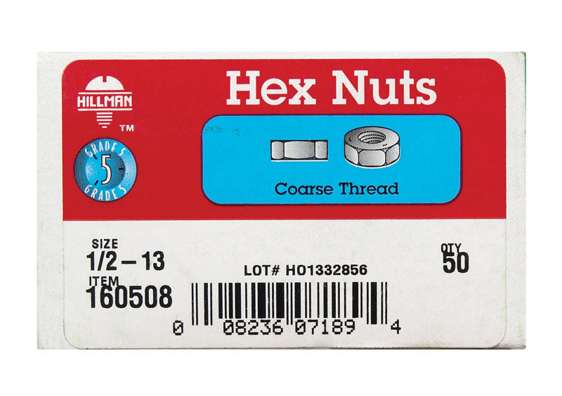 Hillman 1/2 in. Zinc-Plated Steel USS Hex Nut 50 pk