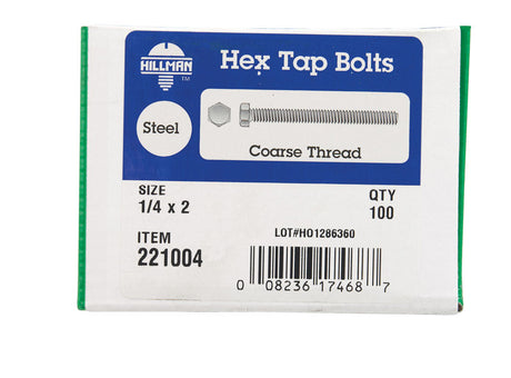 HILLMAN 1/4 in. D X 2 in. L Zinc Plated Steel Hex Tap Bolt 100 pk