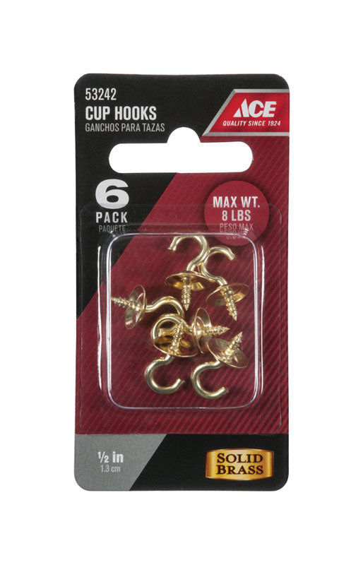 Ace Small Polished Brass Green Brass 0.1875 in. L Cup Hook 8 lb 6 pk, Pack of 5