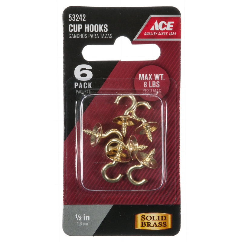 Ace Small Polished Brass Green Brass 0.1875 in. L Cup Hook 8 lb 6 pk, Pack of 5