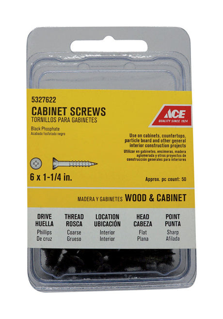Ace No. 6 X 1-1/4 in. L Phillips Black Phosphate Coarse Cabinet Screws 50 pk