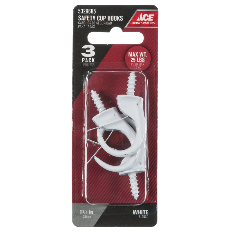 Ace Small White Steel 1.9375 in. L Cup Hook 25 lb 3 pk, Pack of 5