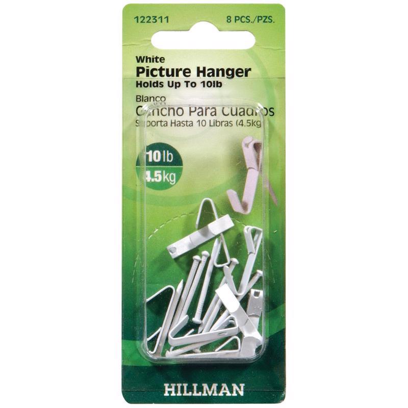 HILLMAN Steel-Plated White Picture Hanger 10 lb 8 pk, Pack of 10