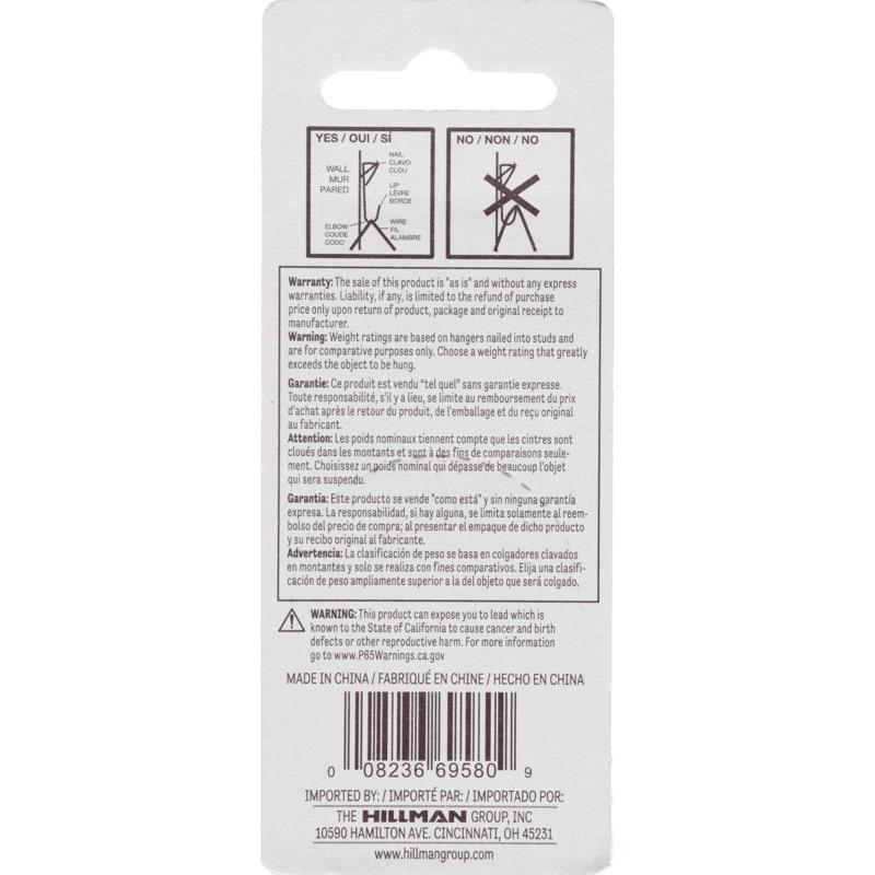 HILLMAN Steel-Plated White Picture Hanger 10 lb 8 pk, Pack of 10