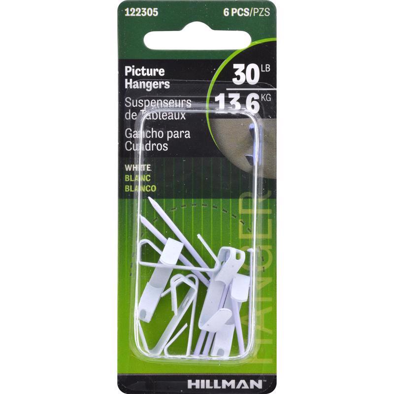 HILLMAN Steel-Plated White Conventional Picture Hanger 30 lb 6 pk, Pack of 10