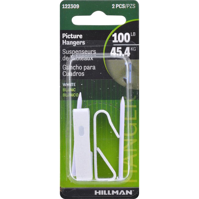 HILLMAN Steel-Plated White Standard Picture Hanger 100 lb 2 pk, Pack of 10