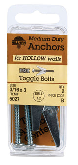 HILLMAN 3/16 in. D X 3 in. L Round Steel Toggle Bolt 2 pk, Pack of 10