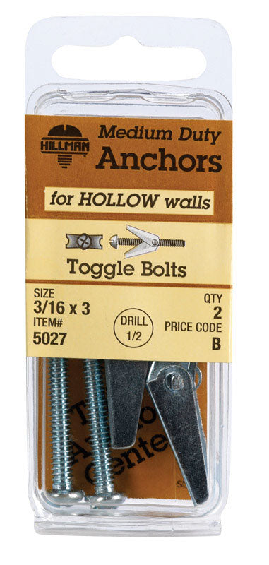 HILLMAN 3/16 in. D X 3 in. L Round Steel Toggle Bolt 2 pk, Pack of 10