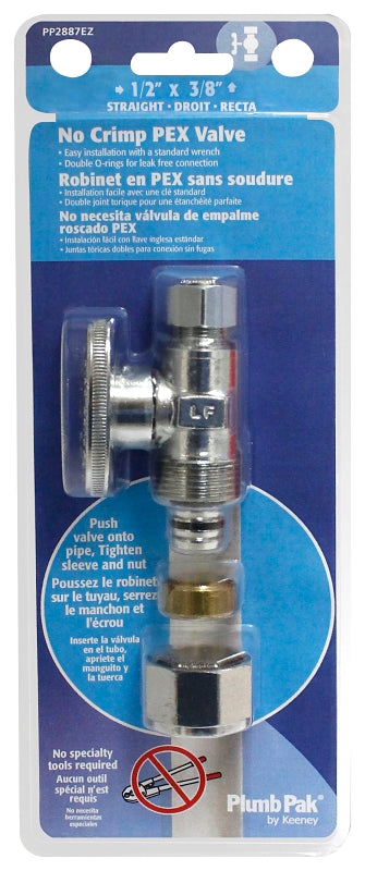 Plumb Pak PP2887EZ No Crimp Straight Stop Valve, 1/2 x 3/8 in Connection, PEX Barb x Compression, Brass Body