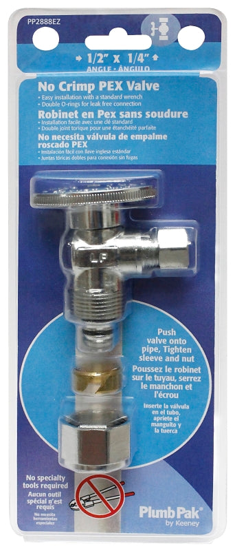 Plumb Pak PP2888EZ No Crimp Angle Stop Valve, 1/2 x 1/4 in Connection, PEX Barb x Compression, Brass Body