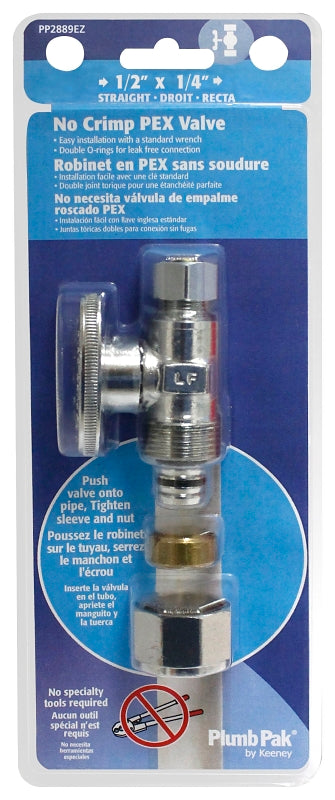 Plumb Pak PP2889EZ No Crimp Straight Stop Valve, 1/2 x 1/4 in Connection, PEX Barb x Compression, Brass Body