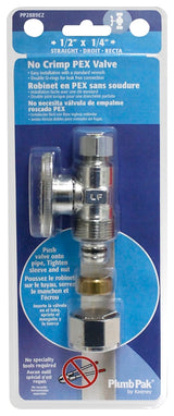Plumb Pak PP2889EZ No Crimp Straight Stop Valve, 1/2 x 1/4 in Connection, PEX Barb x Compression, Brass Body