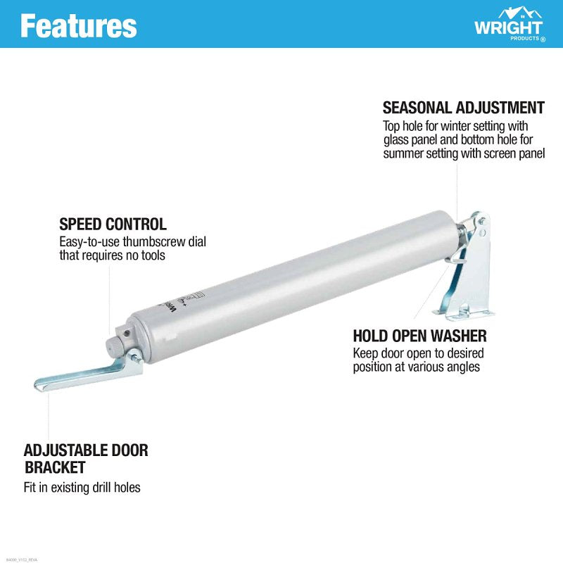 Wright Products V152 Pneumatic Storm Door Closer, 10-1/2 in Dia Rod, 12-1/4 in L, Gloss, 90 deg Opening