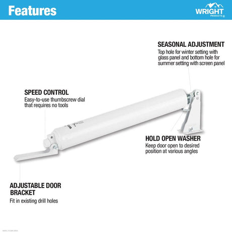 Wright Products V152WH Pneumatic Storm Door Closer, 10-1/2 in Dia Rod, 12-1/4 in L, Gloss, 90 deg Opening