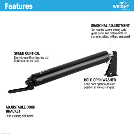 Wright Products V152BL Pneumatic Storm Door Closer, 10-1/2 in Dia Rod, 12-1/4 in L, Gloss, 90 deg Opening