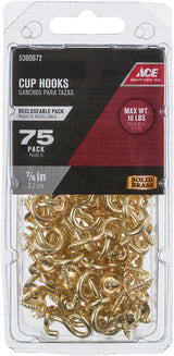 Ace Small Bright Brass Brass 7/8 in. L Cup Hook 10 lb 75 pk