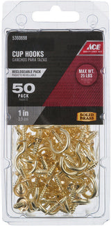 Ace Small Bright Brass Brass 1 in. L Cup Hook 25 lb 50 pk