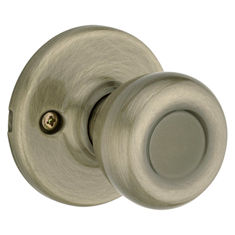 Kwikset 200T 5CP Passage Knob, Metal, Antique Brass, 2-3/8 to 2-3/4 in Backset, 1-3/8 to 1-3/4 in Thick Door