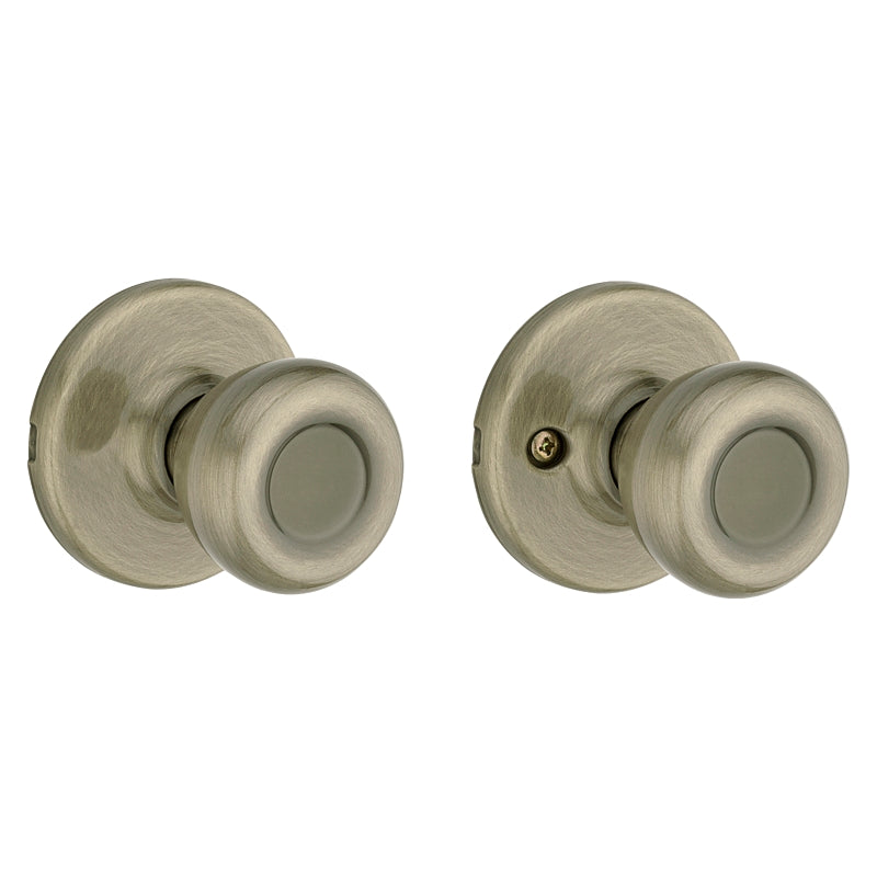 Kwikset 200T 5CP Passage Knob, Metal, Antique Brass, 2-3/8 to 2-3/4 in Backset, 1-3/8 to 1-3/4 in Thick Door
