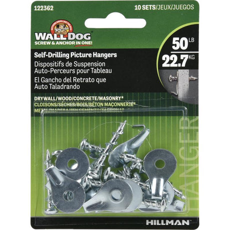HILLMAN WALL DOG Chrome Gold Self-Drilling Picture Hanger 50 lb 10 pk, Pack of 10