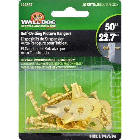 HILLMAN WALL DOG Brass-Plated Gold Self-Drilling Picture Hanger 50 lb 10 pk, Pack of 10