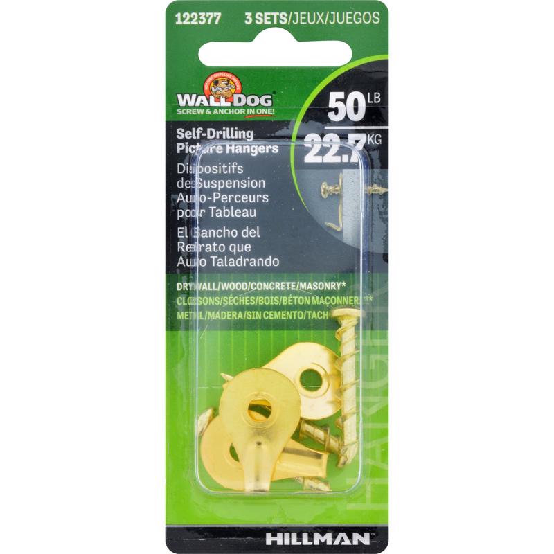 HILLMAN WALL DOG Brass-Plated Gold Self-Drilling Picture Hanger 50 lb 3 pk, Pack of 10