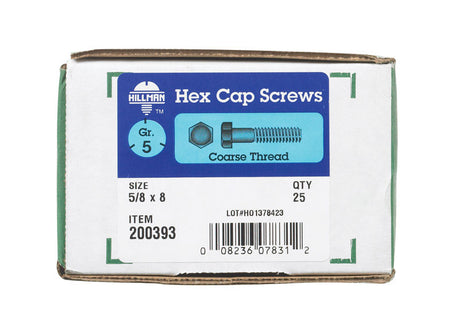 HILLMAN 5/8 in. D X 8 in. L Heat Treated Zinc Steel Hex Head Cap Screw 25 pk