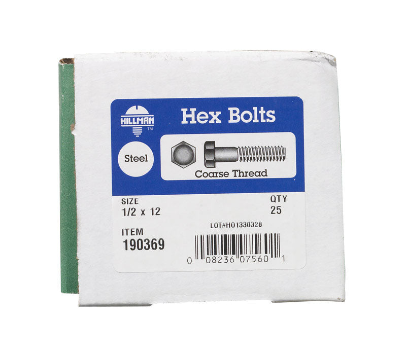 HILLMAN 1/2 in. D X 12 in. L Zinc Plated Steel Hex Bolt 25 pk