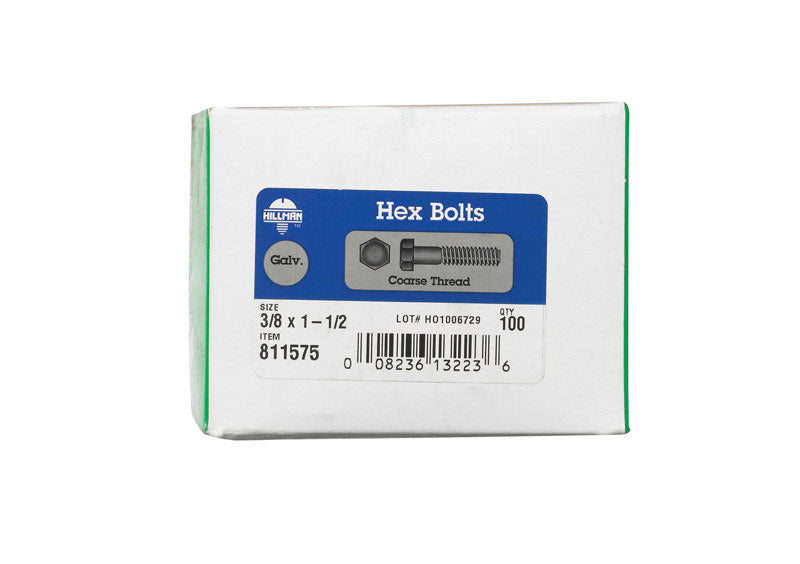 HILLMAN 3/8 in. D X 1-1/2 in. L Hot Dipped Galvanized Steel Hex Bolt 100 pk