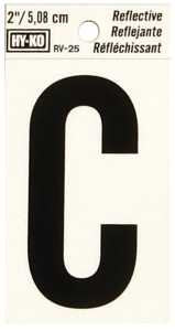 Hy-Ko RV-25/C Reflective Letter, Character: C, 2 in H Character, Black Character, Silver Background, Vinyl, Pack of 10
