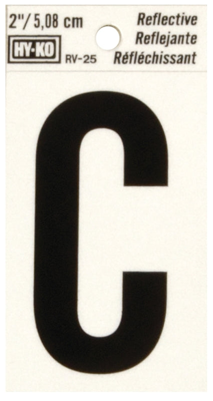 Hy-Ko RV-25/C Reflective Letter, Character: C, 2 in H Character, Black Character, Silver Background, Vinyl, Pack of 10