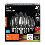 Feit Electric CTC40/927CA/FIL/6 LED Bulb, 300 Lumens, 3.3 W, B10 Lamp, 40 W Equivalent, E12 Lamp Base, Clear, 6/PK