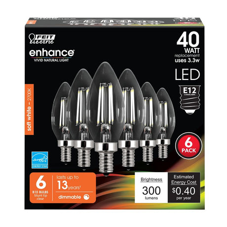 Feit Electric CTC40/927CA/FIL/6 LED Bulb, 300 Lumens, 3.3 W, B10 Lamp, 40 W Equivalent, E12 Lamp Base, Clear, 6/PK