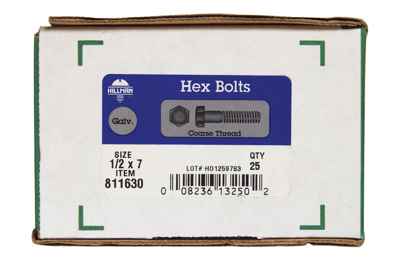 HILLMAN 1/2 in. D X 7 in. L Hot Dipped Galvanized Steel Hex Bolt 25 pk
