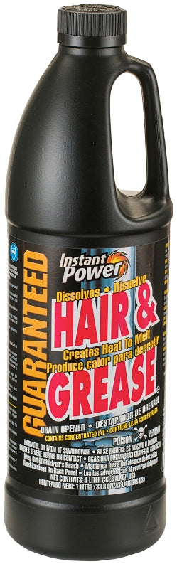 Instant Power 1969 Hair and Grease Drain Opener, Liquid, Clear, 1 L Bottle, Pack of 12